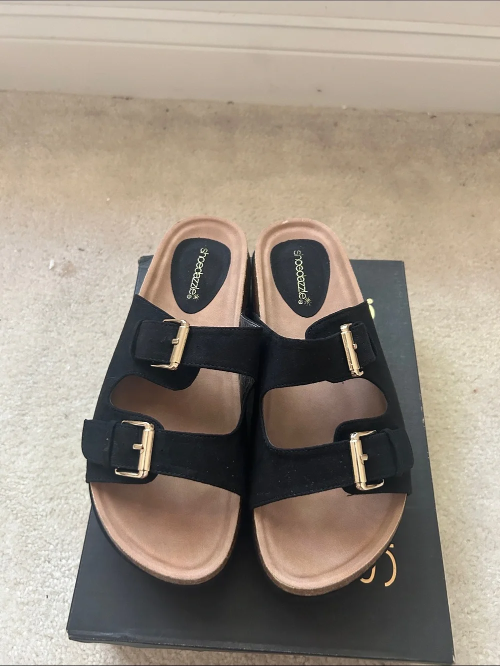 Shoe Dazzle Black Double Buckle Platform Sandals with Gold Hardware